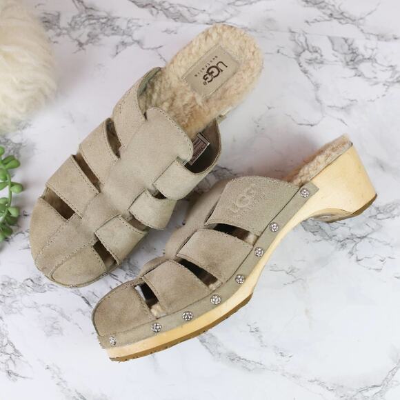 Ugg ORE Willow / Light Taupe Woven Suede Leather Wooden Clog Size 7 Women's - Picture 1 of 8